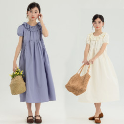 女童連衣裙2025夏款韓版中大童短袖裙子花邊娃娃領公主裙親子長裙