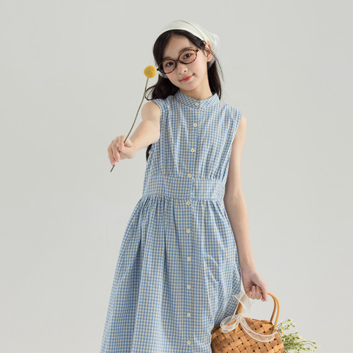 女童格子無袖連衣裙夏裝新款中大童單排釦小立領修身洋氣襯裙ins