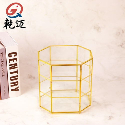 防塵多層玻璃化妝，首飾收納盒，金色托盤玻璃水果盤鐵藝鏡