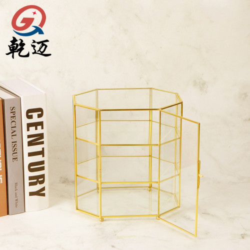 防塵多層玻璃化妝，首飾收納盒，金色托盤玻璃水果盤鐵藝鏡