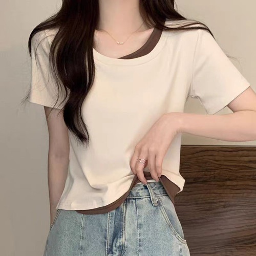 100%純棉拼接假兩件正肩短袖t恤女夏季2024新款寬松顯瘦遮肚上衣
