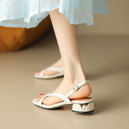 粗跟漏趾涼鞋女2025年夏季新款歐美不累腳休閒涼鞋通勤高跟鞋
