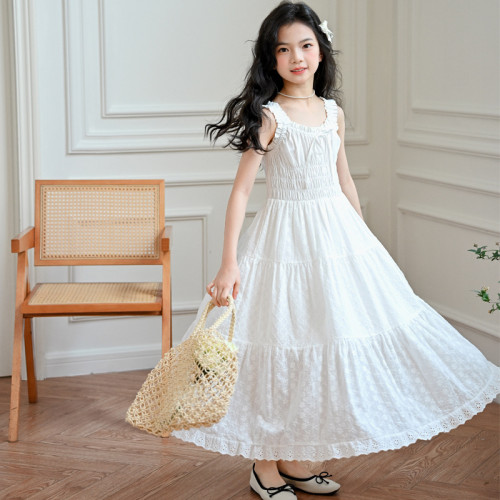 女童背帶裙2025夏裝新款甜美拼接大擺長裙子兒童小女孩度假連衣裙