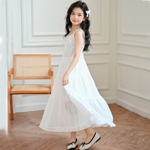女童背帶裙2025夏裝新款甜美拼接大擺長裙子兒童小女孩度假連衣裙