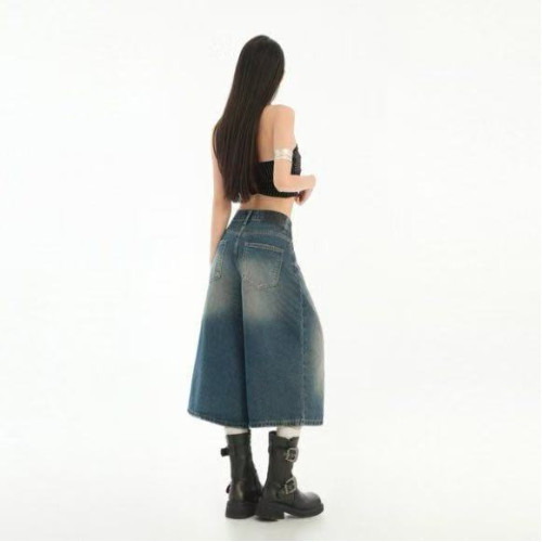 美式復古牛仔短褲女夏季2025辣妹高腰直筒休閒寬松水洗七分褲新款