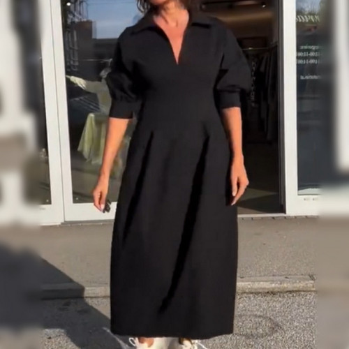 獨立站新款歐美復古寬松中長款V字形領口高腰設計連衣裙女