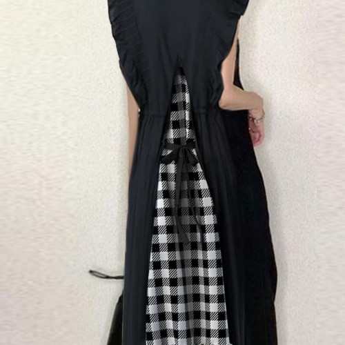 2024日系夏季新款女裝 後背綁帶格子圖案拼接木耳邊袖口V領連衣裙