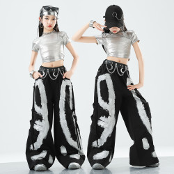 女童銀色爵士舞演出服女團走秀潮兒童hiphop街舞服裝少兒炸街套裝