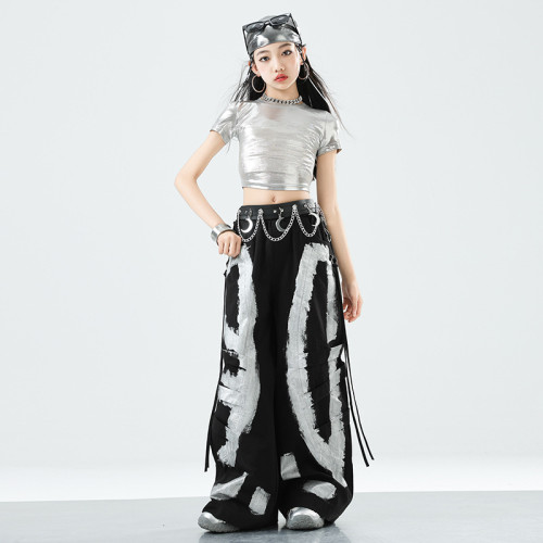 女童銀色爵士舞演出服女團走秀潮兒童hiphop街舞服裝少兒炸街套裝
