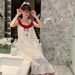 公主風睡裙女夏季中長款純棉紗布波點貓咪帶胸墊背心家居服可外穿