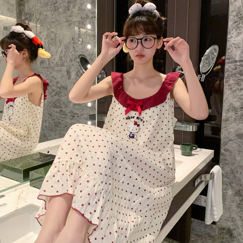 公主風睡裙女夏季中長款純棉紗布波點貓咪帶胸墊背心家居服可外穿