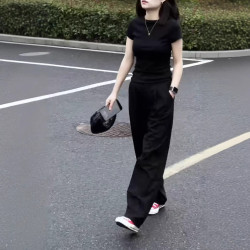 25168大愛美依緣2025新款簡約基礎正肩短袖T恤時尚垂墜感直筒褲女