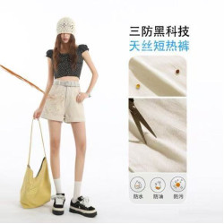 拉夏貝爾杏色牛仔短褲女夏季薄款高腰寬松卷邊簡約濶腿a字熱潮褲