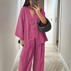 2025歐美獨立站新款時尚寬松女式V領上衣和濶腿褲休閒套裝