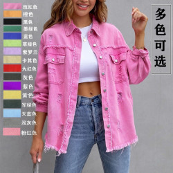 新款歐美牛仔外套女純色寬松夾克破洞長袖女式牛仔襯衣
