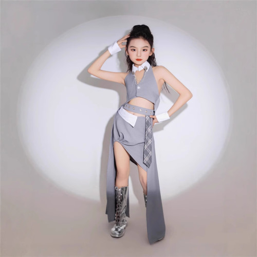 女童灰色西裝掛脖套裙女王酷帥風顯白T台秀服模特賽服PK小衆創意9