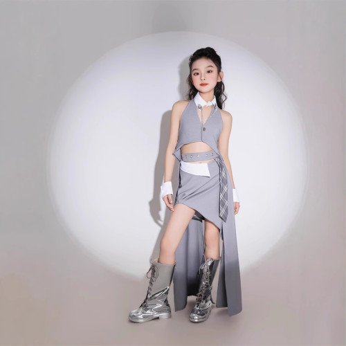 女童灰色西裝掛脖套裙女王酷帥風顯白T台秀服模特賽服PK小衆創意9