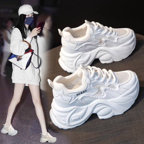 厚底老爹鞋女2025春季新款矮個子透網休閒松糕鞋內增高顯瘦女網鞋