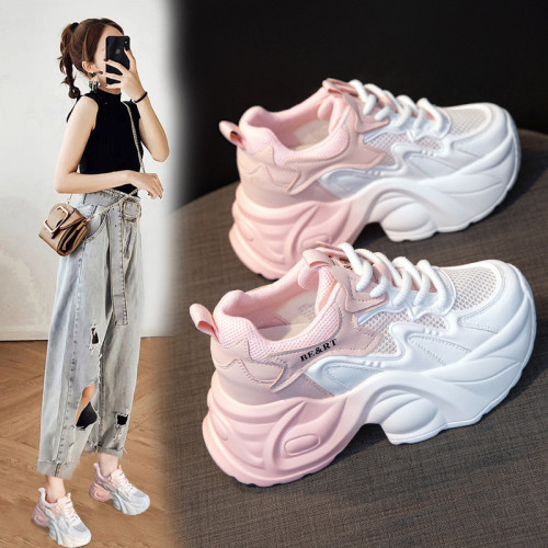厚底老爹鞋女2025春季新款矮個子透網休閒松糕鞋內增高顯瘦女網鞋