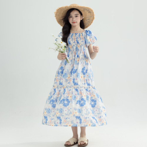 女童法式泡泡袖花朵連衣裙2025夏季新款大童純棉印花度假長裙親子