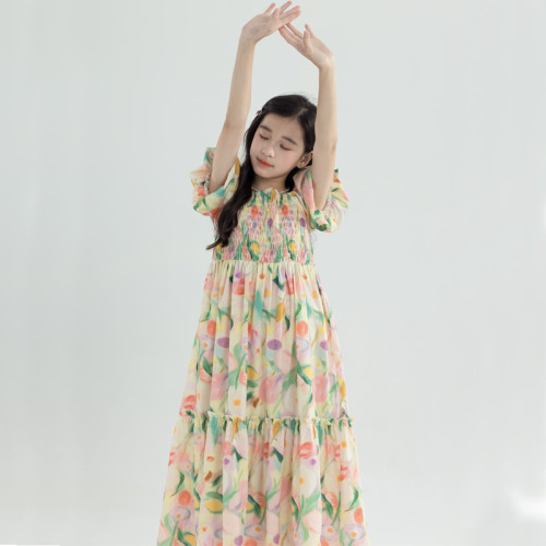 女童法式泡泡袖花朵連衣裙2025夏季新款大童純棉印花度假長裙親子