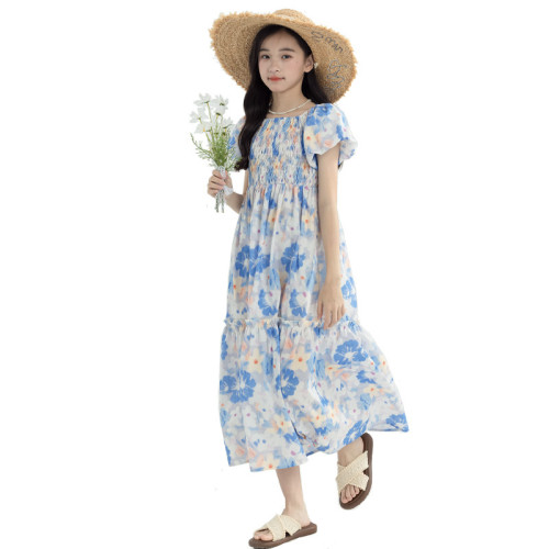 女童法式泡泡袖花朵連衣裙2025夏季新款大童純棉印花度假長裙親子