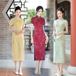 2025春夏新款復古花印花竹節麻泡泡滿天星中古風短款旗袍