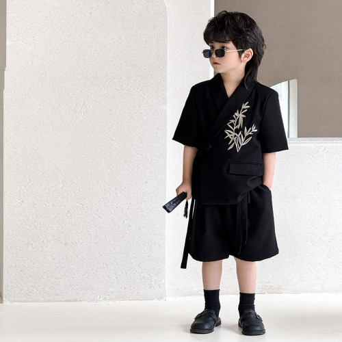 童裝西裝2025夏季新款兒童小西服短袖短褲竹葉綉花男童潮