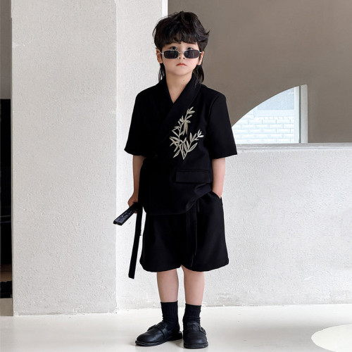 童裝西裝2025夏季新款兒童小西服短袖短褲竹葉綉花男童潮