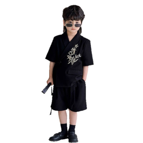 童裝西裝2025夏季新款兒童小西服短袖短褲竹葉綉花男童潮