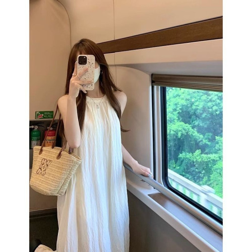 碧海連衣裙字長掛白色衣裙長裙連衣甜美氣質裙子夏季脖新款無袖