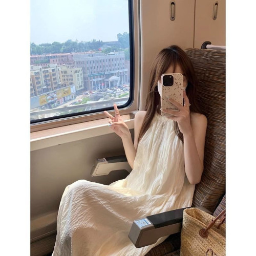 碧海連衣裙字長掛白色衣裙長裙連衣甜美氣質裙子夏季脖新款無袖