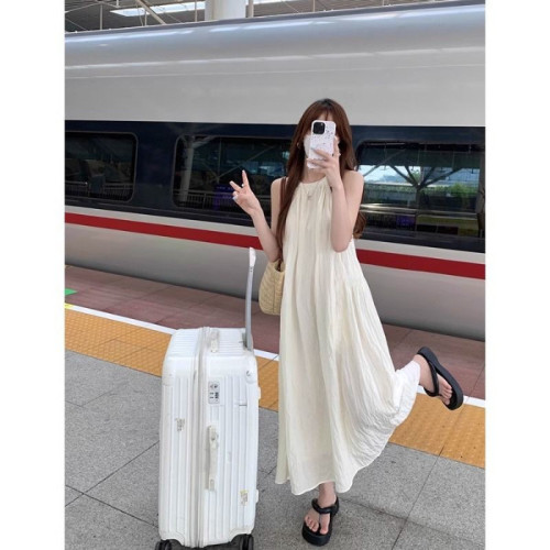 碧海連衣裙字長掛白色衣裙長裙連衣甜美氣質裙子夏季脖新款無袖