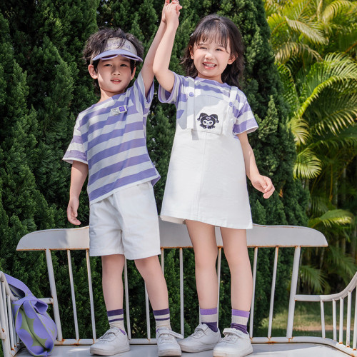 高級親子裝夏裝2025新款夏天一家四口連衣裙母子母女裝短袖條紋T