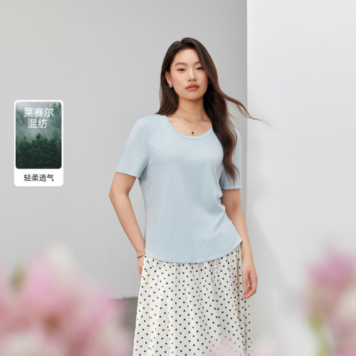 【氧氣入夏】歐若風萊賽爾圓領T恤纖莉秀大碼女裝胖mm2025夏新款