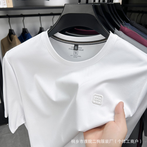 2025年夏季新款含桑蠶絲男士t恤中年圓領綉花休閒薄款短袖男