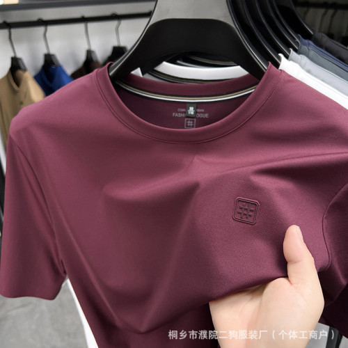 2025年夏季新款含桑蠶絲男士t恤中年圓領綉花休閒薄款短袖男