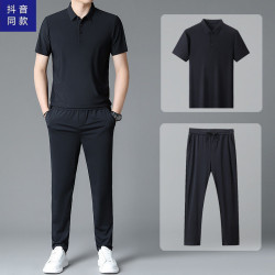 抖音同款男士夏季短袖運動套裝冰絲t恤套裝Polo抗皺免熨高彈力休