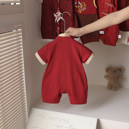 抓周嬰兒衣服紅色喜慶周嵗宴寶寶夏季薄款連體衣國風禮服夏裝哈衣