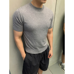 灰色針織短袖 X7160-TP40控價68 老錢風小領口打底衫涼感透氣夏季