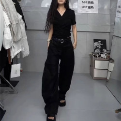 25223大愛美依緣2025夏季新款短袖洋氣修身褶皺T恤休閒濶腿褲女潮