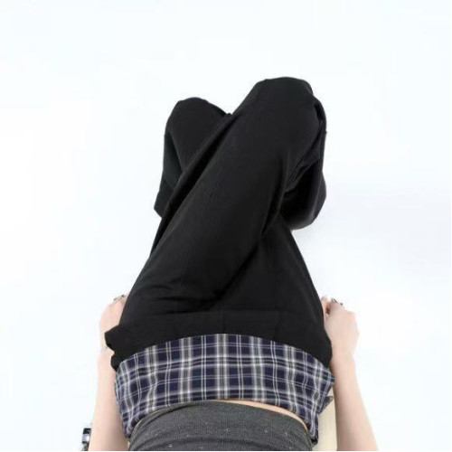 高級黑色格紋拼接西裝濶腿褲女2025春季新款寬松顯瘦垂感休閒褲子