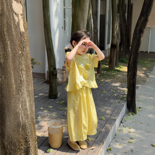 女童套裝2025夏季新款中小童韓版短袖上衣兒童9分濶腿褲兩件套潮