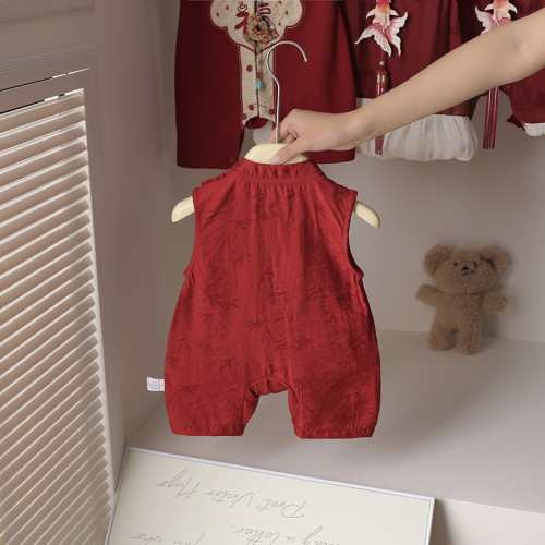 周嵗嬰兒衣服夏季薄款滿月百天寶寶紅色禮服哈衣抓周旗袍唐裝漢服