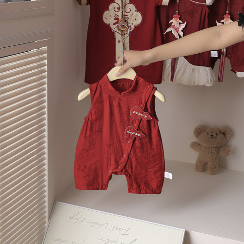 周嵗嬰兒衣服夏季薄款滿月百天寶寶紅色禮服哈衣抓周旗袍唐裝漢服