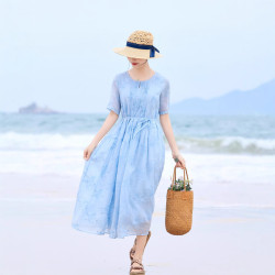 2025夏季新款寬松飄逸大擺長裙女 復古文藝圓領五分袖連衣裙海邊