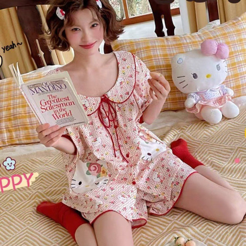 2025年新款粉色點點睡衣家居服夏短袖短褲卡通娃娃領KT家居服套裝