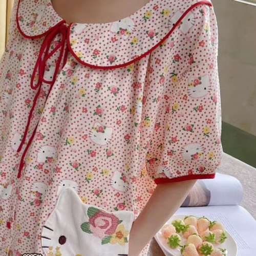2025年新款粉色點點睡衣家居服夏短袖短褲卡通娃娃領KT家居服套裝