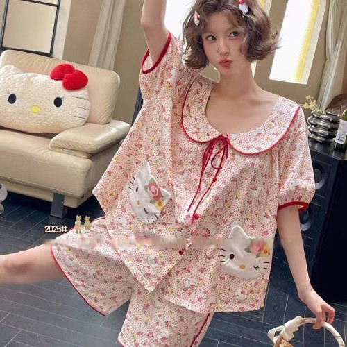 2025年新款粉色點點睡衣家居服夏短袖短褲卡通娃娃領KT家居服套裝