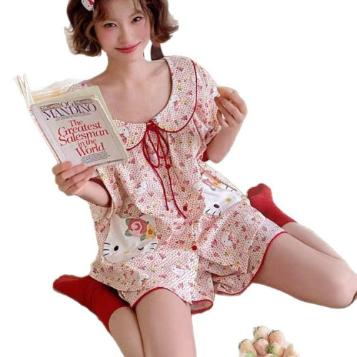 2025年新款粉色點點睡衣家居服夏短袖短褲卡通娃娃領KT家居服套裝